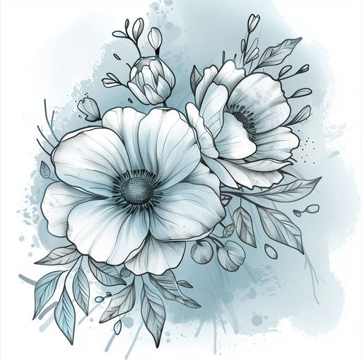 Flat tattoo sketch in Zen clipart style of a peaceful flower bouquet