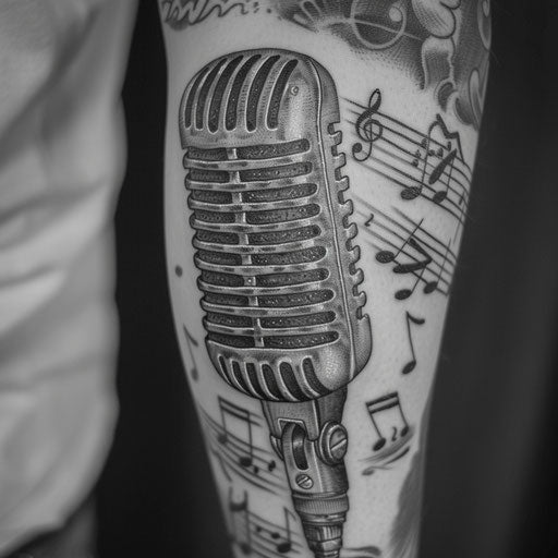 Stylish gangster tattoo of a vintage microphone with musical notes