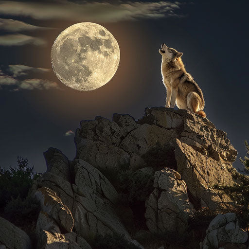 Solitary wolf howling at the full moon on a rocky outcrop