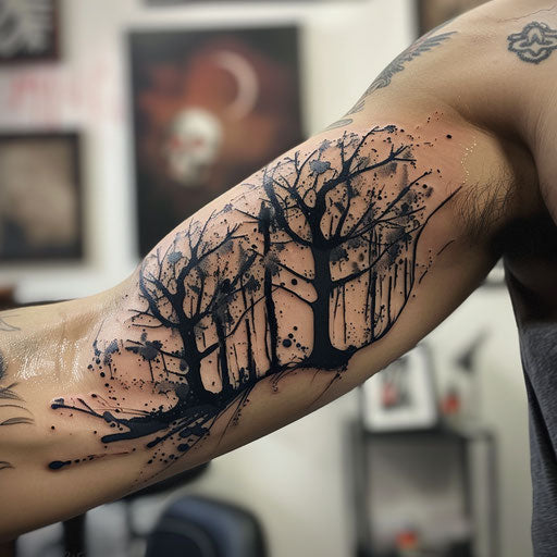 Bicep tattoo of an abstract forest, David Palumbo style