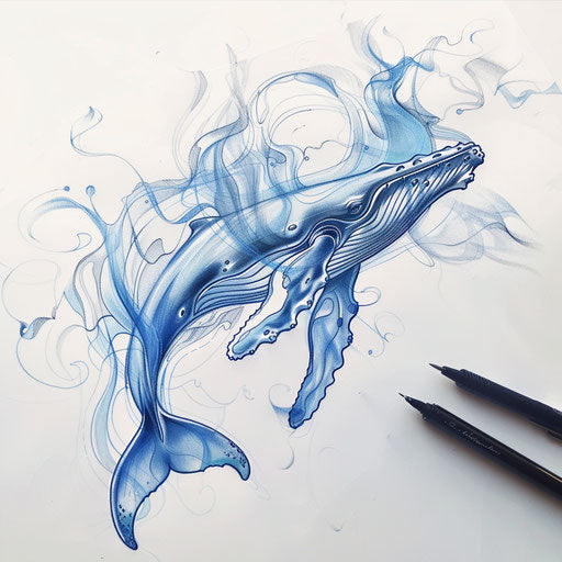 Graceful sketch of a humpback whale with water-inspired indigo lines