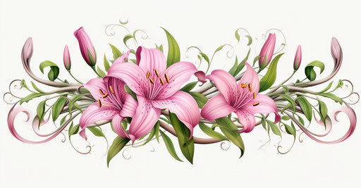 Lily tattoo design with vines and green leaves