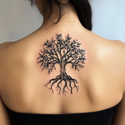 Back shoulder tattoo with tree of life and roots