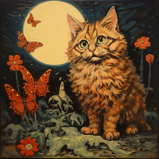 Louis Wain cat staring at an insect