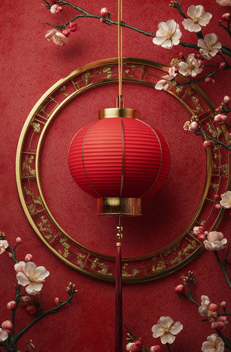 Red lantern with plum blossoms and gold decoration