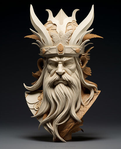 Sculpture of bearded man helmet feather simplified line work