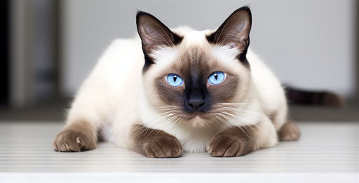 Siamese cat with blue eyes lying on a white surface