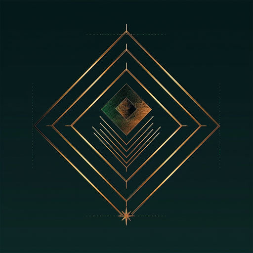 Art deco digital marketing logo with angular designs and a dark green background