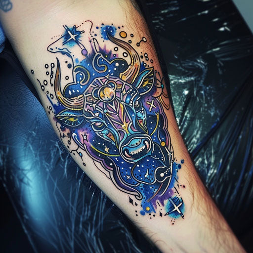 Bold and dramatic sketch of the Taurus constellation with cosmic background in vibrant blues and purples