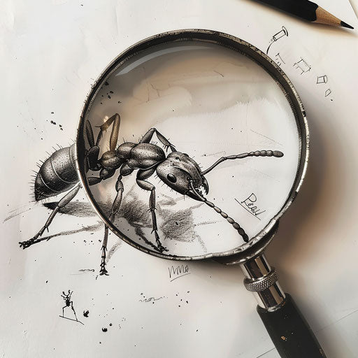 Flat tattoo sketch of a realistic ant viewed through a magnifying glass