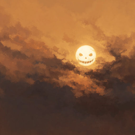A pumpkin-faced full moon in an orange-hued sky