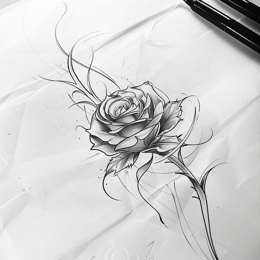 Dynamic tattoo sketch of an energetic rose with wind-blown petals