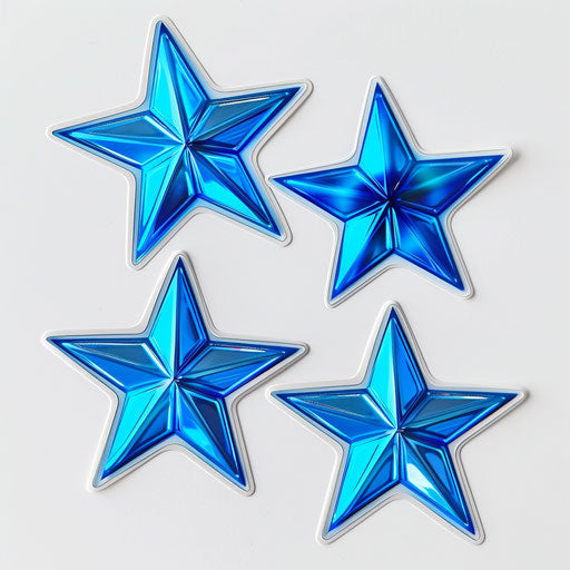 Three blue star stickers on white background