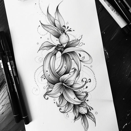 Intricate flat tattoo sketch with a banana encircled by a vine of small exotic fruits