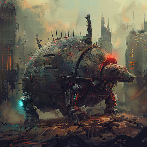 A cybernetic armadillo in a dystopian world, fighting for survival