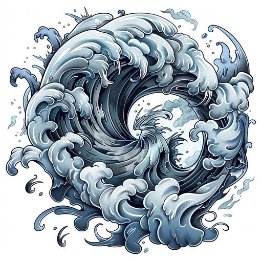 Dynamic flat tattoo sketch of swirling tornado, vivid greys and blues
