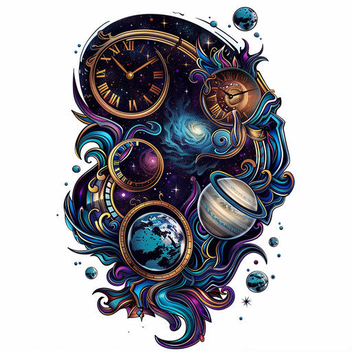 Swirling cosmic clock with stars and planets