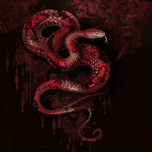 Flat Gothic tattoo sketch of a red snake with Gothic lace patterns, dark reds and blacks, clipart style