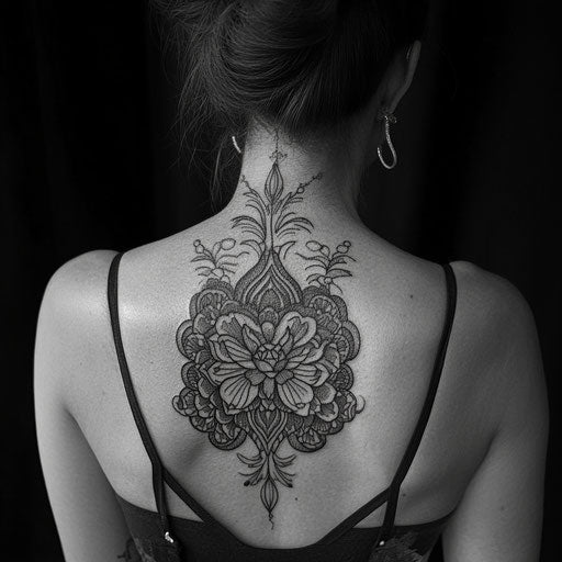 Black and grey tattoo with mandala designs, in the style of Maria Sibylla Merian