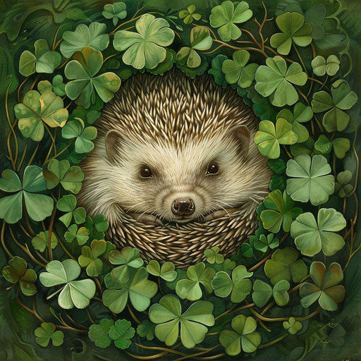 A hedgehog nestled in a patch of clover, a symbol of luck and prosperity