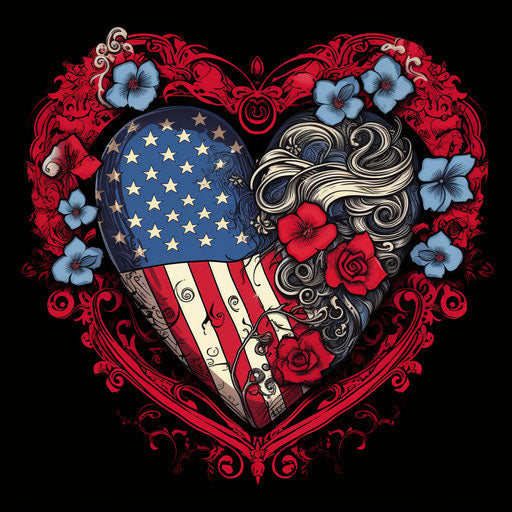 Happy American day heart with flag, aesthetic movement style, captivating tattoo, visual kei, mixed patterns, romantic emotion