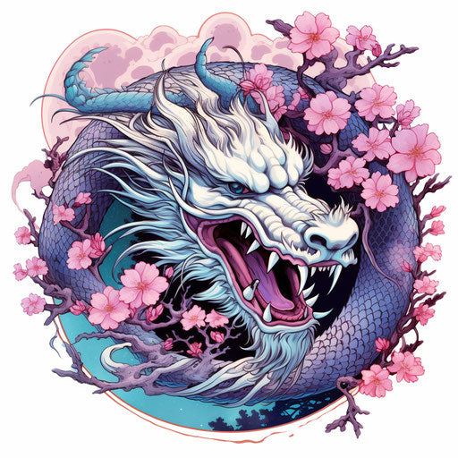 Dragon tattoo design, purple and blue style, cherry blossoms