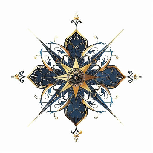 Neo-traditional compass rose in navy blue and gold