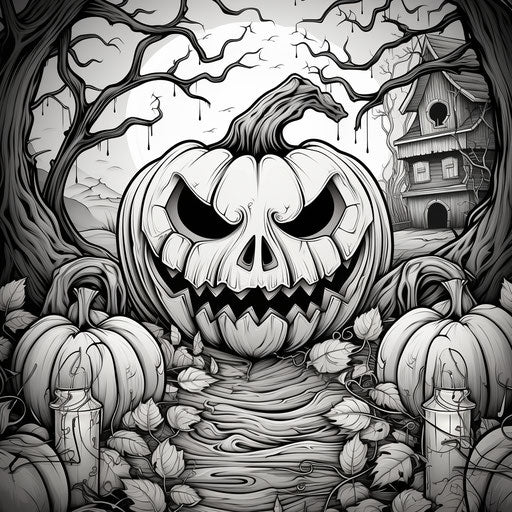 Halloween coloring pages with a pumpkin in the background, in the style of elaborate, realistic yet stylized