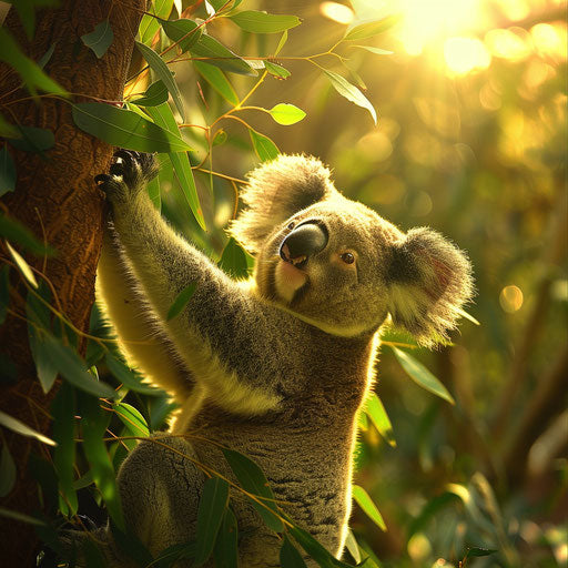 Koala in a vibrant green eucalyptus forest
