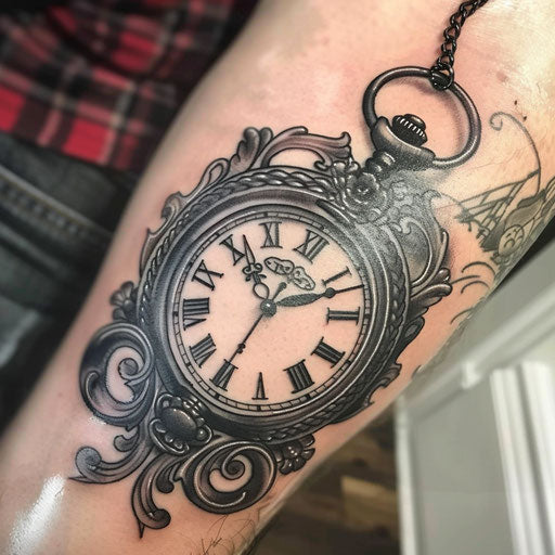 Old school gangster tattoo with ornate pocket watch on white background
