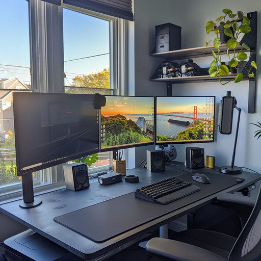 Sleek all-black home office setup with backlit LED monitors
