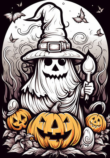 Ghost and pumpkin in a witch hat