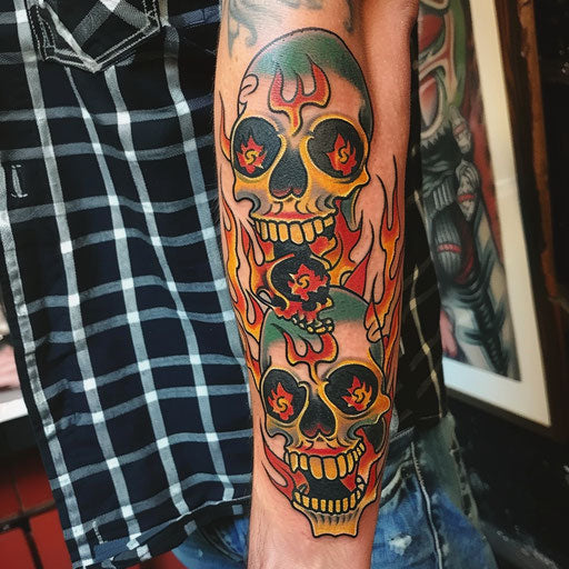 Arm tattoo of traditional skulls and flames