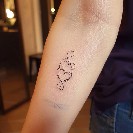 Minimalist flat tattoo sketch of two hearts connected by an infinite loop