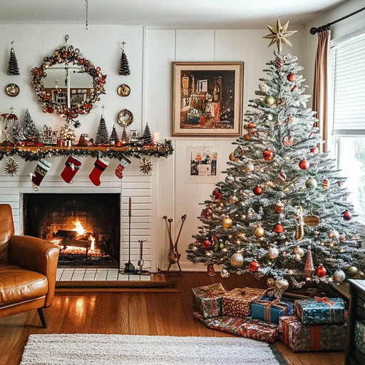 Vintage Christmas tree in a retro living room with antique tin ornaments