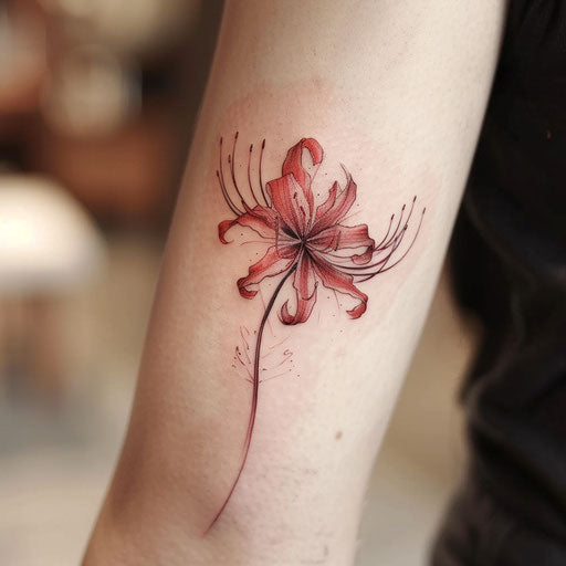 Romantic sketch of a red spider lily with soft watercolor washes and gentle shading