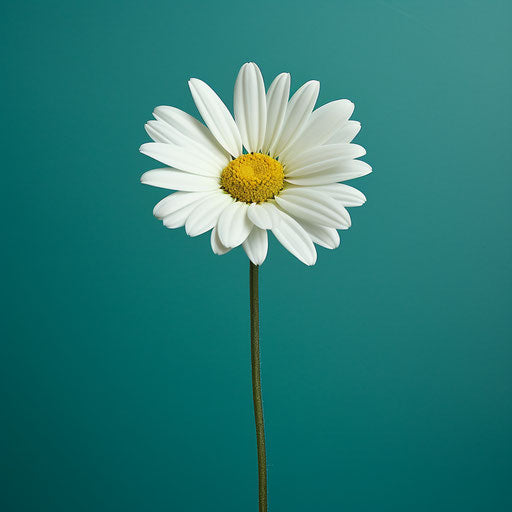 White daisy on green background, dark teal and light yellow style