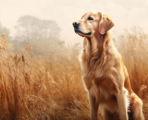 A golden retriever on a foggy field