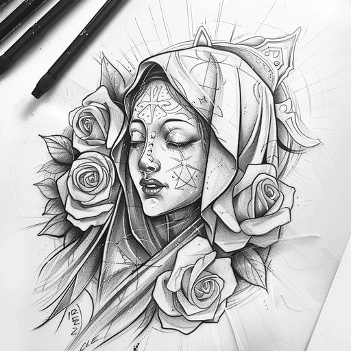 Tattoo sketch of a Chicano art Virgin Mary with roses, soft shading and fine lines