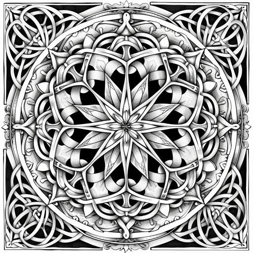 Detailed illustration of a mandala with interlocking circles and lines. Coloring book page