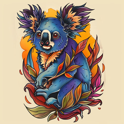 Stylized flat tattoo sketch of a koala with wind-blown leaves and dramatic colors