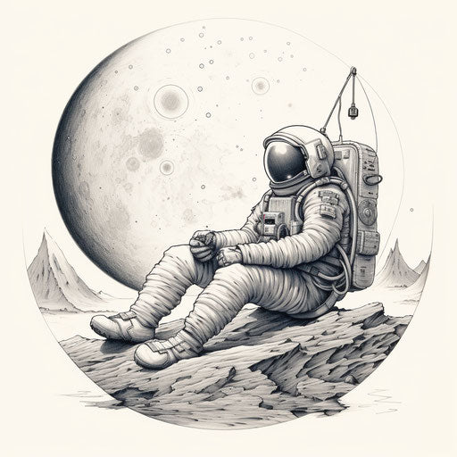 Man sitting on the moon in spacesuit, whimsical line work
