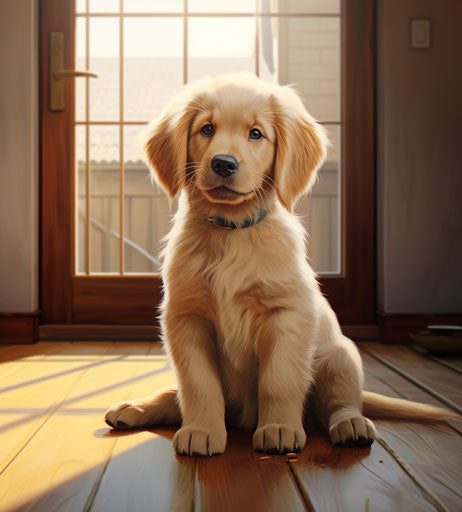 Young golden retriever puppy sitting on floor #vfxfriday style, meticulous, magewave, hatecore, booru 26:29