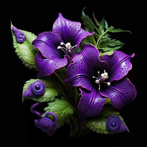Two purple flowers in greenery, paleocore style, symmetrical asymmetry