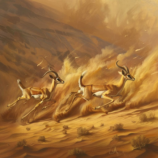 Gazelles racing in the desert with a dust storm swirling