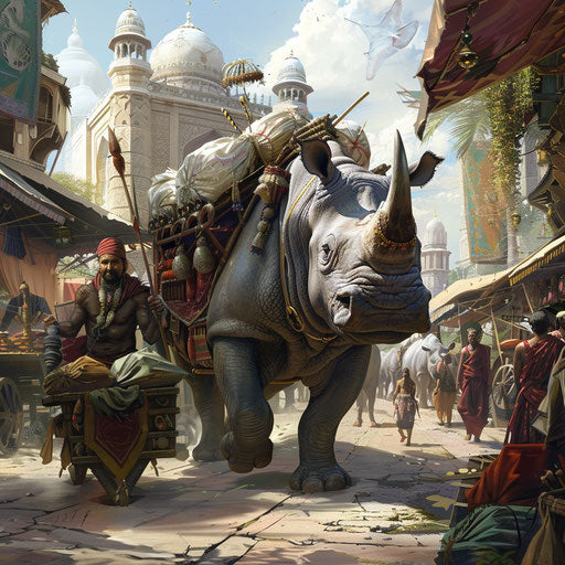 A rhino guiding a caravan through an exotic marketplace