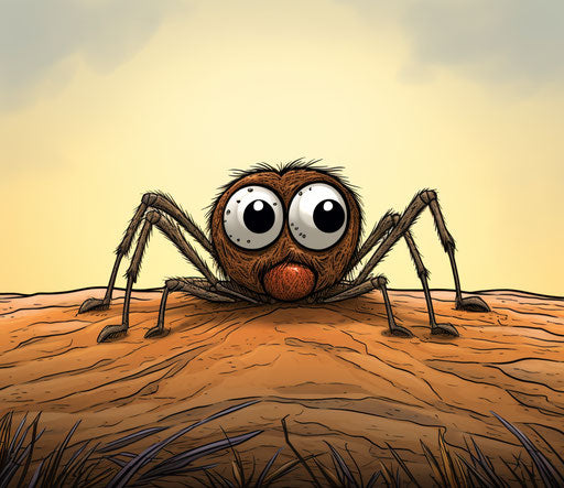 Cartoon spider in sitting pose, brown and bronze style, hand-drawn animation, digitally enhanced