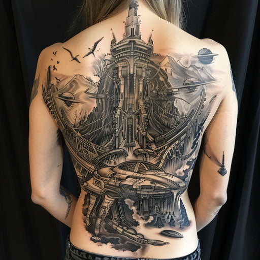 Futuristic back tattoos with alien landscapes