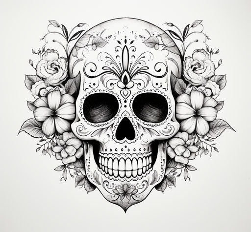 A sugar skull depicted in pen and ink, in a captivating, ornate 29:27 style