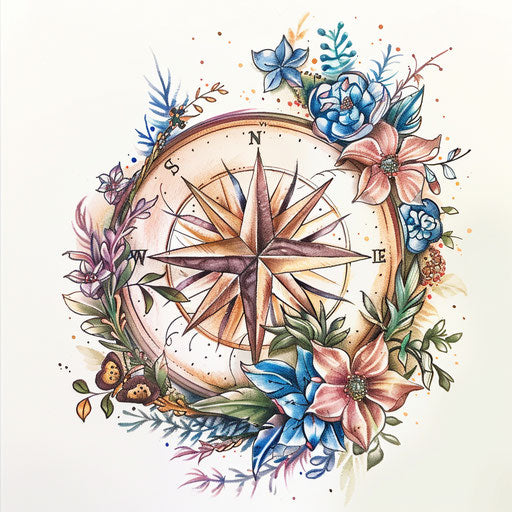 Botanical tattoo sketch of compass rose intertwined with flowers and greenery in soft watercolors